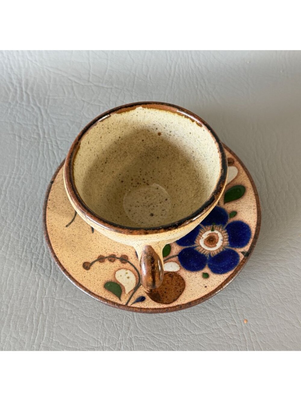 Vintage Tonala Mexico Studio Pottery Cup Saucer Set Signed Blue Butterfly 6" - Picture 7 of 14